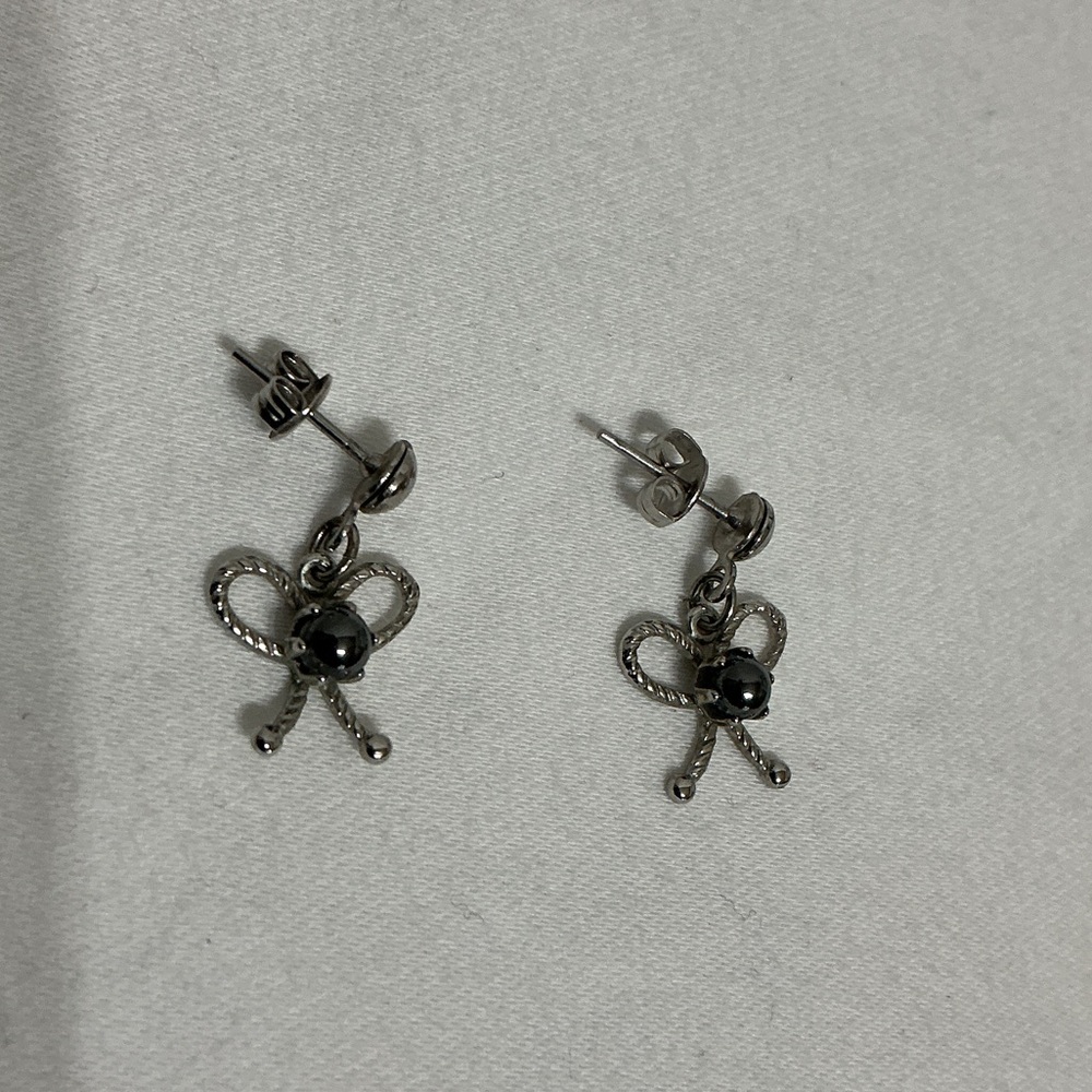 Silver Bow Drop Earrings with Black Hematite Accent